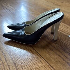 Black Pointed Toe Slip-On Mules with Cream Trim